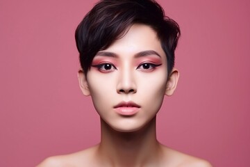 crossdressing  with make up studio portrait of asian young transgender or transvestite man, lipstick, fashionable, ideal as web banner or in social media, copy space for text