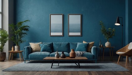 Wall with empty mockup frame on blue background