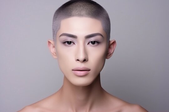 crossdressing  with make up studio portrait of  asian young transgender or transvestite man, lipstick, fashionable, ideal as web banner or in social media, copy space for text