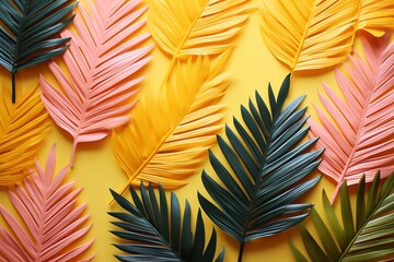 Tropical leaves are pink, yellow, green, on a yellow background