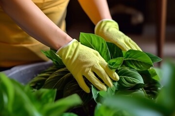 Obraz premium A woman in yellow gloves transplants a plant, care for indoor plants