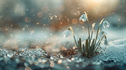 Obraz na płótnie Canvas Serene snowdrop flowers emerging through snow, nature's resilience in winter. perfect for serene scenery and seasonal projects. AI