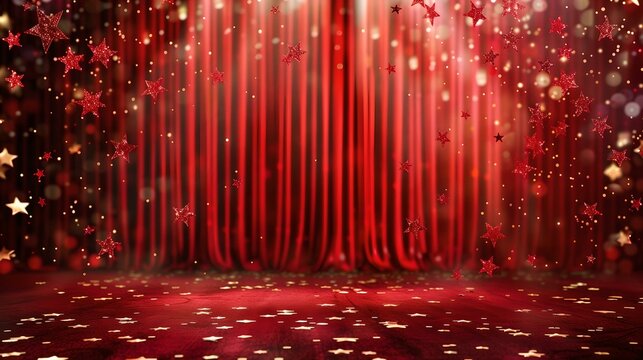 Elegant red theater curtain with sparkling stars and festive ambiance. perfect for event and celebration backgrounds. captivating staging and design. AI