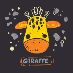 Hand drawn illustration of a smiling cartoon giraffe with a whimsical touch on a dark backdrop