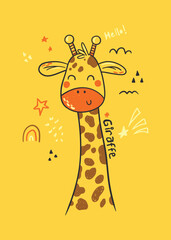 Cute cartoon giraffe on yellow background saying hello