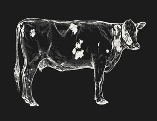 Detailed white line art of a cow on a black background with a classic feel