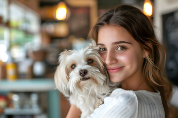Jeune fille souriante tenant un petit chien blanc et fluffy - obrazy, fototapety, plakaty