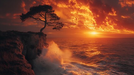 A Lone Tree Overlooking the Ocean Under a Dramatic Sunset