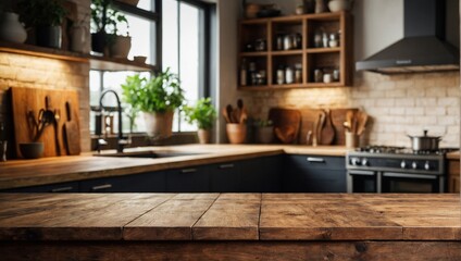 Grunge natural wooden table top with copy space for product advertising over blurred kitchen background at home