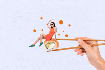Composite trend artwork 3D photo collage of huge hand hold chopsticks with sushi young attractive...