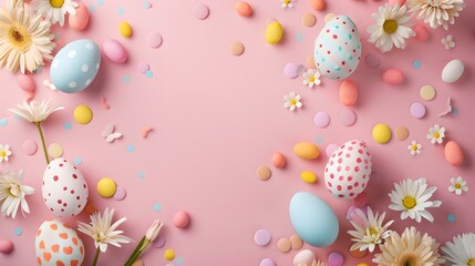 Fototapeta na wymiar Easter celebration: pastel eggs and spring flowers on pink. festive and joyful holiday background for design and greetings. AI