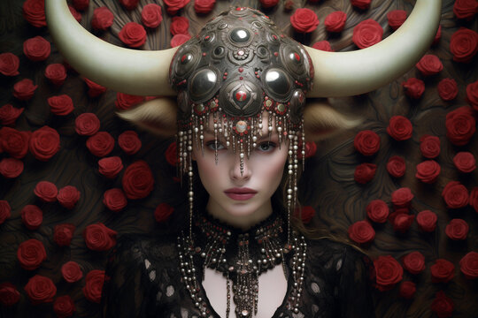 A portrait of a young white woman wearing a horned metal helmet decorated with beads. A pretty lady in a ceremonial costume surrounded by flowers participating in a religious ritual. AI-generated