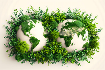 2 terres en 3D avec les continents composés de diverses plantes et feuillages verts sur un fond...