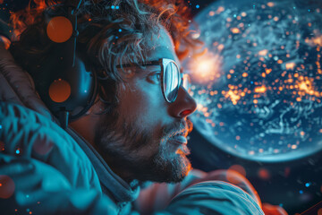 Man in headphones dreaming in the background of the planet's space. - obrazy, fototapety, plakaty