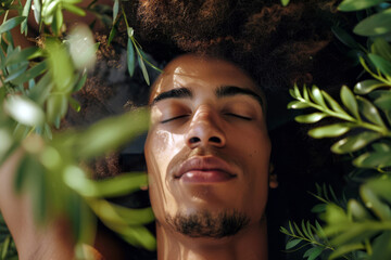 Young African American man with afro hairstyle relaxing in the garden. Wellness concept.