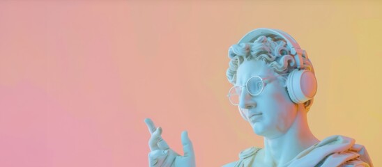 Statue of Apollo with headphones against a colored wall with space for text.