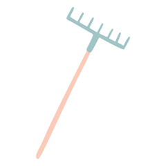 Rake on white background isolated. Metal rake with Wooden hand in style Flat. Garden tool Vector Cartoon Illustration design. Gardening Equipment on White, House holding Concept Design Object.
