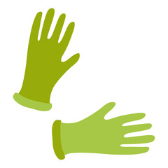 Obraz premium Rubber Cleaning or Gardening Protective Gloves. Flat Vector illustration Isolated on White. Latex Glove for Housework, Household, Medical concept. Cartoon Design object, Green Color Pair.