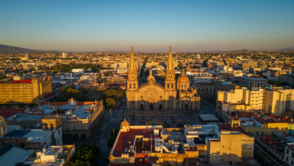 Aerial Drone Fly Above Guadalajara Mexico Church landmark Travel City historic center, Roman...