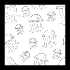 Funny Jellyfish Seamless Pattern. Outline Doodle Background, Ocean and Sea concept, Nautical Life, Underwater. Hand drawn Vector Black and White Illustration, Template for Print, Textile, Wrapping.
