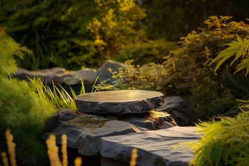 Rock podium in a natural setting, natural greenery, sunset sunlight, atmospheric natural background. Zen style stone in a lush garden, ideal for a stand, podium for eco products