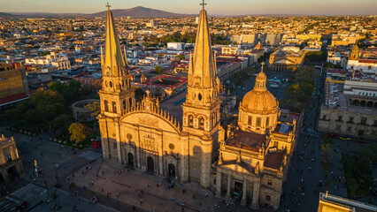 Aerial Drone Fly Above Guadalajara Mexico Church landmark Travel City historic center, Roman...