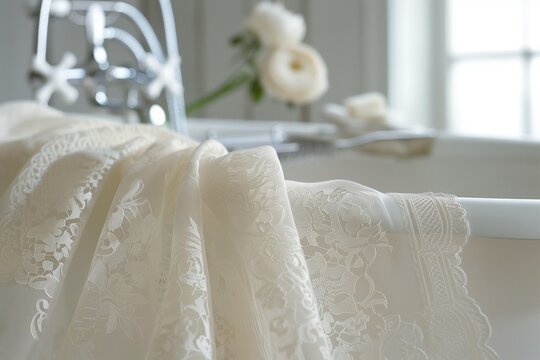 Intricate lace-like patterns of cream delicately cascading, evoking a sense of refined beauty and sophistication.