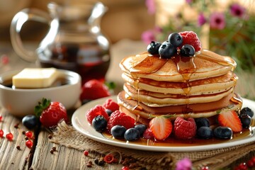 A stack of fluffy pancakes topped with a generous amount of berries and syrup