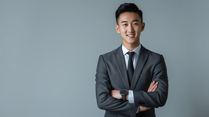 young asian businessman in suit with arms crossed isolated on grey background