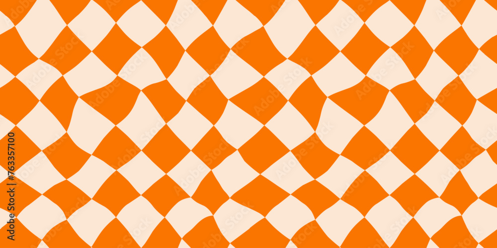 Aufkleber Seamless orange diagonal checkerboard pattern. Repeated distorted checkered texture. Groovy trippy abstract surface background. Vector vintage retro style wallpaper for textile, fabric, wrapping paper
