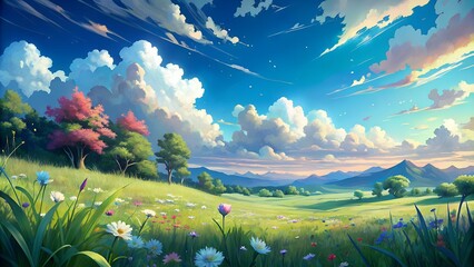 Anime Style Spring Landscape Digital Art Painting Grassy Field Wildflowers Beautiful Sky