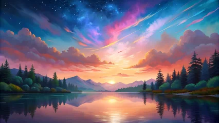 Poster Beautiful Lake Landscape Digital Painting Colorful Sky © MD NAZMUL
