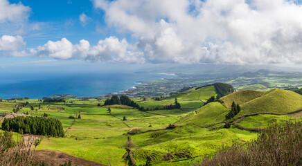 Landscape with small volcanic cones in Sao Miguel island seen from the miradouro do Pico do...