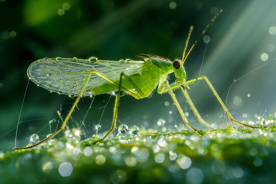 Green lacewings sitting on dirty glass chrysopidae insect or net winged insects.