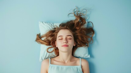 a young woman sleeping on pillow isolated on pastel blue colored background. Girl sleep deeply...