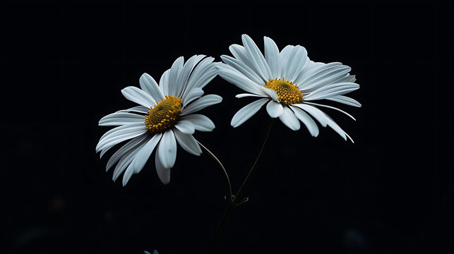 Beautiful white daisies on black background with copy space.