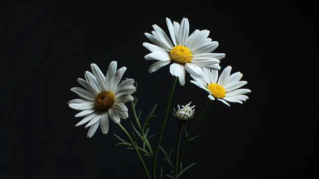 white daisies on a black background, closeup of photo