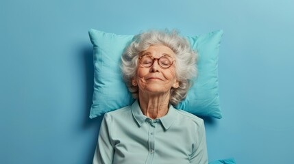 Elderly man sleeping on pillow isolated on pastel pink colored background Sleep deeply peacefully rest. Top above high angle view photo portrait of satisfied .senior wear pink shirt - obrazy, fototapety, plakaty