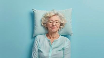 Elderly woman sleeping on pillow isolated on pastel blue colored background Sleep deeply peacefully rest. Top above high angle view photo portrait of satisfied .senior wear blue shirt