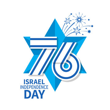 Logo for the 76rd Independence Day of Israel. Star of David with number 76 in the form of the Israeli flag and fireworks