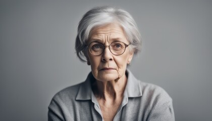 Portrait of an unhappy senior retired woman , grey color background banner with copy space