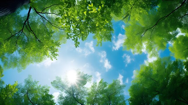 Clear blue sky and green trees seen from below. Carbon neutrality concept presented in a vertical format. Pictures for Earth Day or World Environment Day desktop background