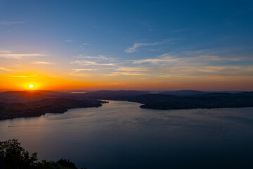Obraz premium Aerial View over Lake Lucerne and Mountain in Sunset in Lucerne, Switzerland.