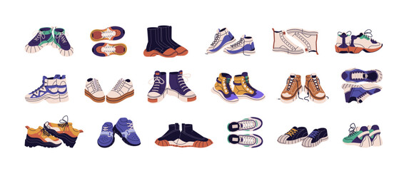 Fashion sneakers set. Different trainers shoes in sport style. Male, female and unisex footwear for gym. Casual comfortable modern boot for run and fitness. Flat isolated vector illustration on white.