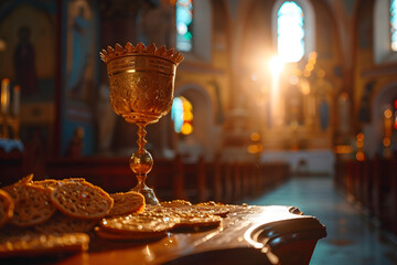 Holy communion on wooden table on church, the feast of corpus christi concept - obrazy, fototapety, plakaty