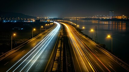 Fototapeta na wymiar City road light, night highway lights, traffic with highway road motion lights, long exposure, blurred image