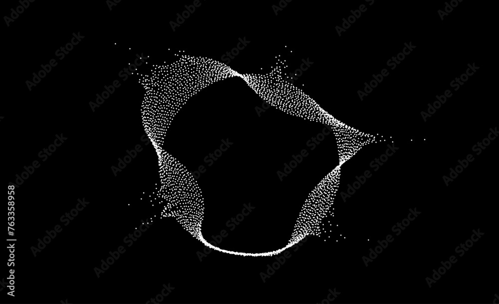 Aufkleber White dotted wavy lines with dissolve effect. Stipple disintegrating curved circle on black background. Halftone textured sphere with noise grain. Grunge dispersing particles, speckles. Vector dotwork