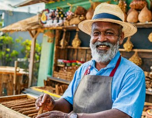 smiling old caribbean man black senior selling cigars at street tobacco shop in south america cuba