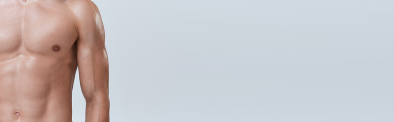 Fototapeta premium cropped view of sporty man posing topless on gray backdrop and playing his muscles on camera, banner