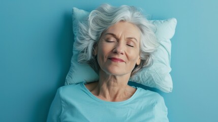 Elderly woman sleeping on pillow isolated on pastel blue colored background Sleep deeply peacefully...